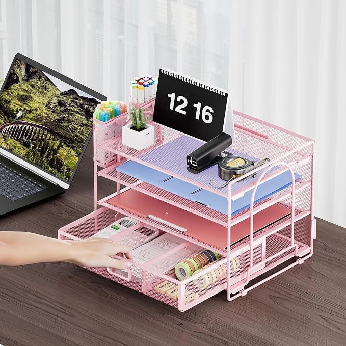 Marbrasse Desk Organizer, 4-Tier Paper File Letter Tray, Pink-2P | Sturdy Paper Tray, File Holder, Built-in Drawer, 2 Pen Slots, fits Letters/Files, for School Home Office Supplies