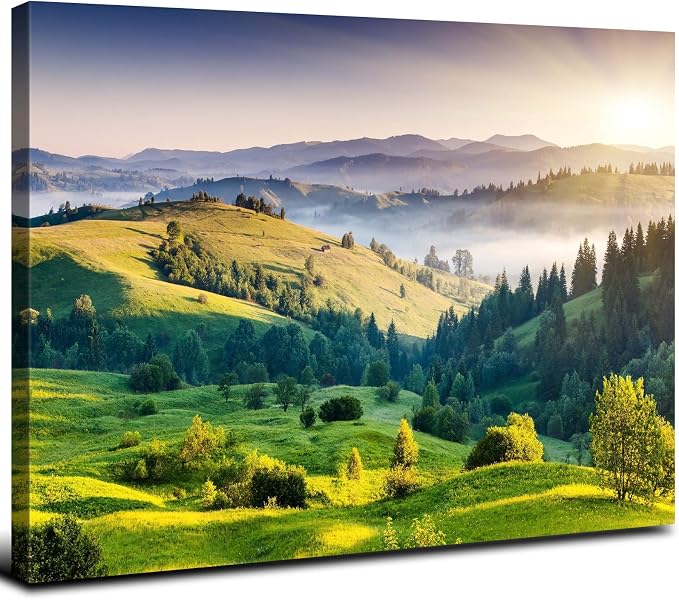 Green Mountain Wall Art Sunrise Nature National Park Landscape Canvas Prints Decor 12x16" Misty Forest Scenery Picture Painting Modern Artwork for Bedroom Living Room Bathroom Office Home Decoration
