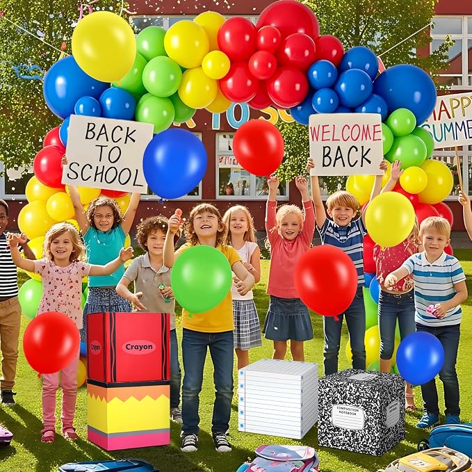 115 Pcs Back to School Decor Sets Rainbow Balloon Arch Kit Composition Notebook Pencil Crayon Balloon Box for Classroom Party Kindergarten Graduation Teacher Appreciation Photo Booth Prop Supplies