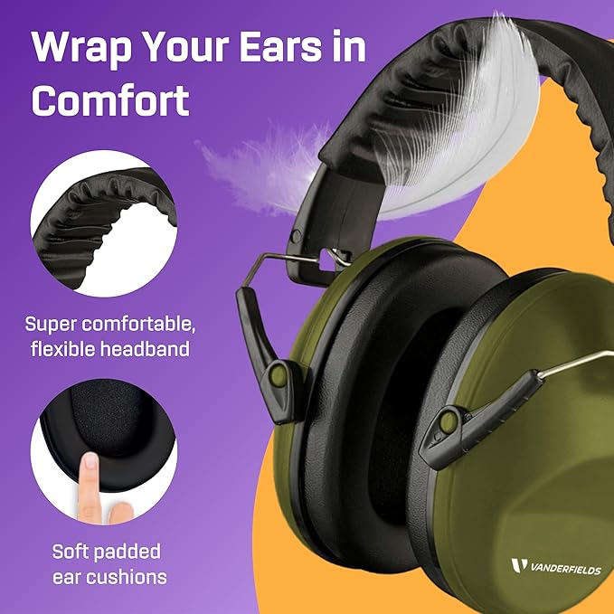 Vanderfields - Hearing Protection Ear Muffs - Over 33 dB (2K Hz) Broad Noise Cancelling Sound Reduction - Adults & Teens