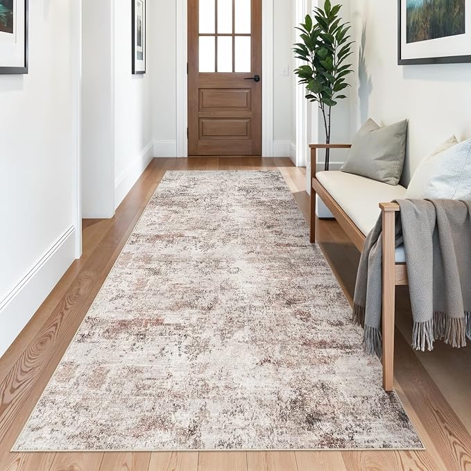RUUGME 4x12 Runner Rug for Hallway: Washable Non-Slip Long Wide Carpet Runner for Kitchen Entryway - Abstract Low-Pile Thin Throw Floor Mat for Modern Farmhouse Decor (4x12 Beige-Brick)