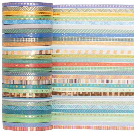 YUBBAEX 60 Rolls Skinny Washi Tape Set Gold Foil Masking Thin Basic Patterns Decorative Tapes for Arts, DIY Crafts, Journals, Planners, Scrapbook, Wrapping