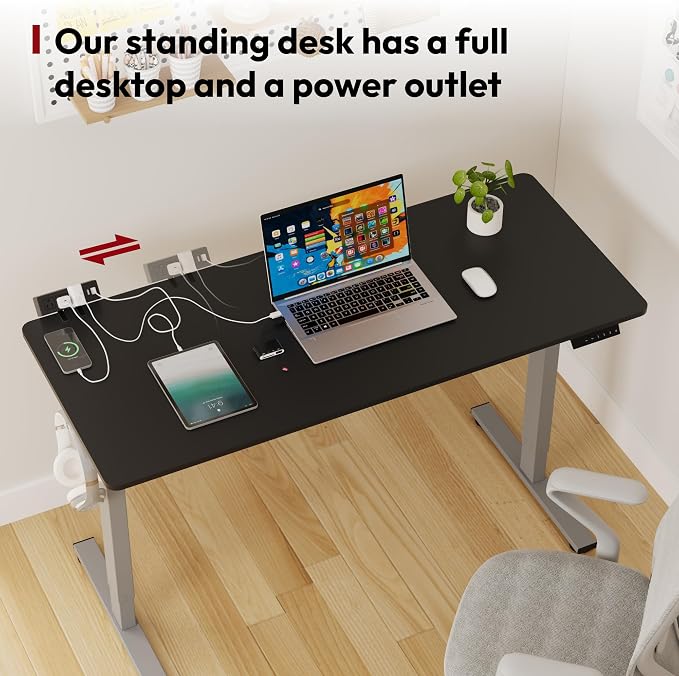 SANODESK Electric Standing Desk with Desk Clamp Power Strip 60"x 24" Whole-Piece Desktop Height Adjustable Stand Up Desk with Cable Management Sit Stand Home Office Desk Silver Frame/Black Top