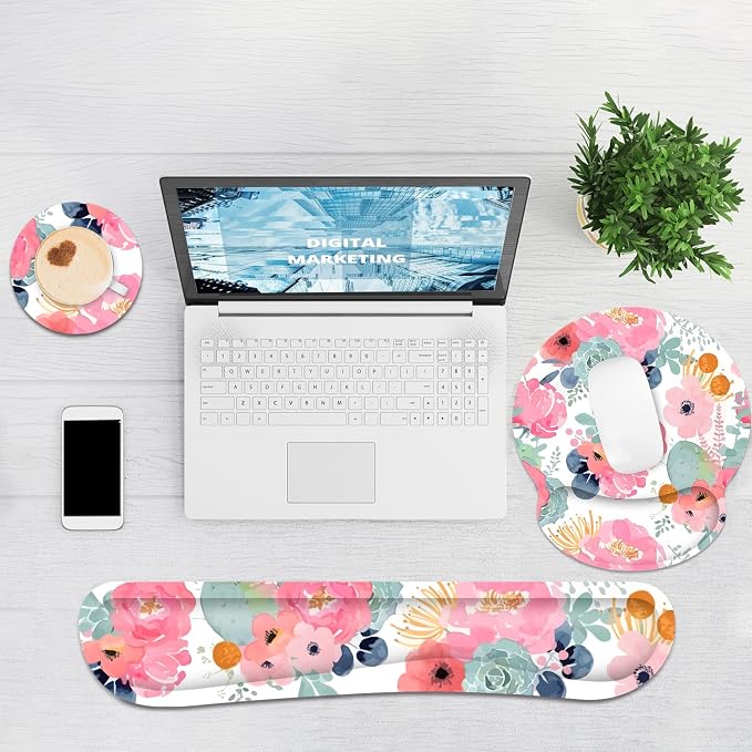 Ergonomic Mouse Pad with Wrist Rest and Keyboard Wrist Rest, Mousepad and Wrist Rest for Computer Keyboard, Pain Relief, Non-Slip Rubber Base, Mouse Pad Wrist Support for Gaming, Office, Pink Flower