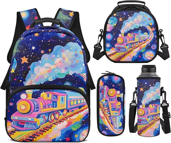 Rainbow Train Backpack Set for Girls, Cartoon Print School Backpack with Lunch Box, Pencil Case & Water Bottle Sleeve, 17 Inch Elementary Bookbag for Kids Ages 6-10