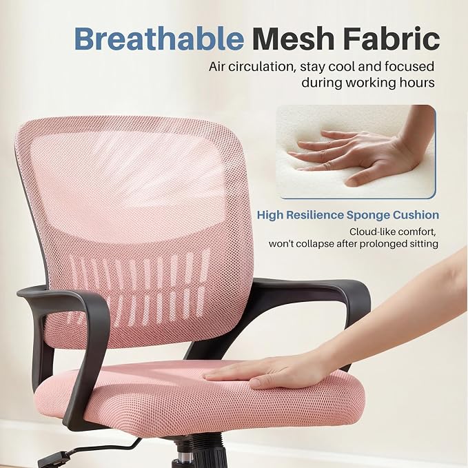 DUMOS Home Office Chair - Ergonomic Mid Back Mesh Desk Chair with Lumbar Support & Rocking Mode, Height Adjustable with Fixed Armrest, for Conference, Computer, 360° Swivel, Adults, Pink