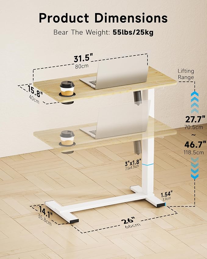 BIZUM Small Electric Standing Desk Bedside Table with Hidden Wheels 31.5 x 15.8 Inch Adjustable Computer Laptop Office Desk, Maple