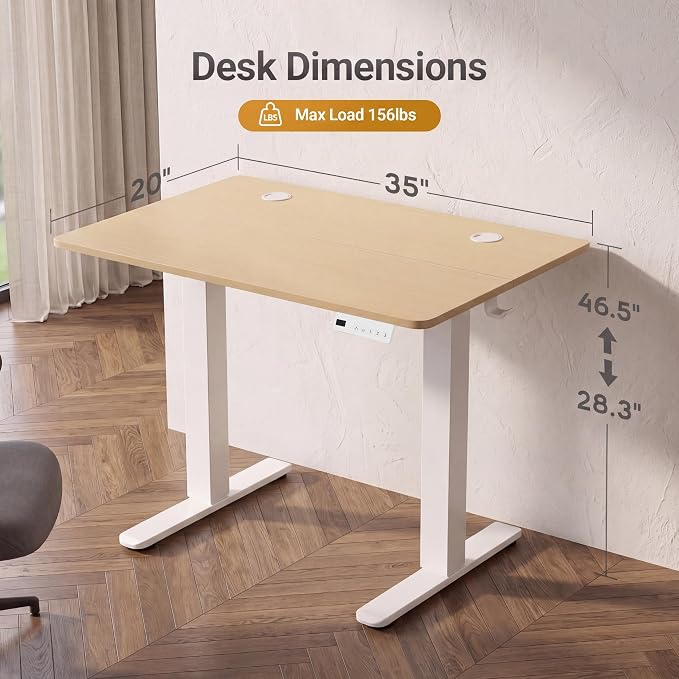 Claiks Electric Standing Desk 35x20 Inch Adjustable Desk, Nature | 156lbs weight capacity, 3 memory presets, industrial steel frame, cable management hub, adjustable height , easy assembly