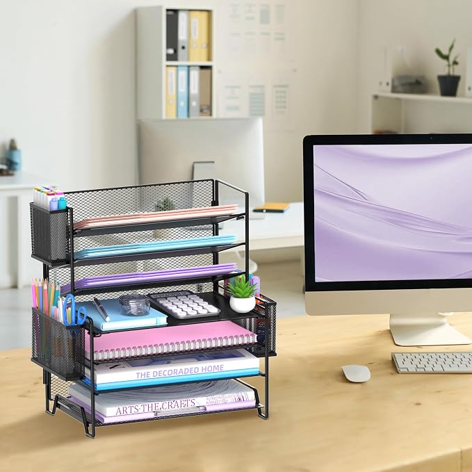 7-Tier Desk Organizer with 3 Pen Holders, Metal Letter Tray, Black | Metal Mesh File Organizer with 3 Side Holders for Paper, Notes, Pens and Office Supplies at Home, School or In the Classroom