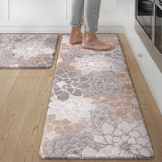GENIMO Anti Fatigue Kitchen Mats for Floor 2PCS, Cushioned Standing Mats | 17.3"x47"&17.3"x30", Taupe Grey vintage floral rug set, waterproof, non slip, easy-clean for farmhouse
