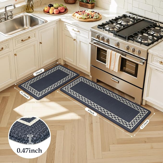 LEEVAN Anti Fatigue Kitchen Mats for Floor, Cushioned Kitchen Mat Set 2PCS | 17.3"x29"+17.3"x47", Boho Navy Blue Kitchen Rugs Non-Slip, Waterproof Ergonomic Standing Mats for Laundry, Office, Bar & Sink