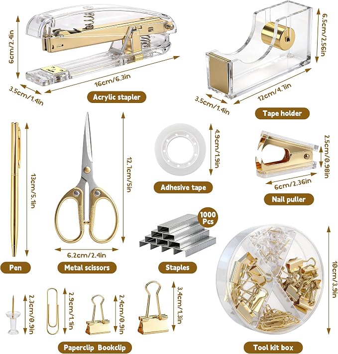 11 Pcs Acrylic Office Supplies Set Clear Desk Oganizer Accessories Kit include 2 Ballpoint Pen Pen Holder Stapler Tape Dispenser Staple Remover Clips Scissors for Office School Home
