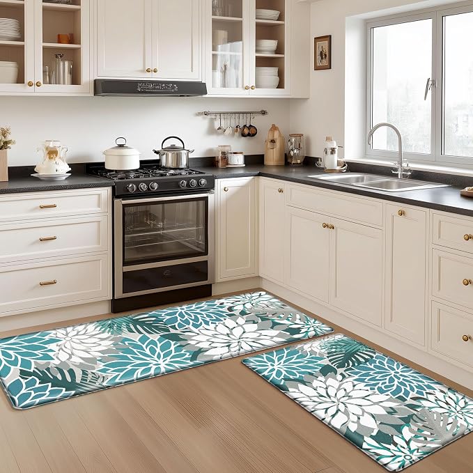 Arenarug Kitchen Mats for Floor 2PCS Cushioned Anti Fatigue Kitchen Mats Waterproof Non Slip Kitchen Mat Rug Set Comfort Foam Standing Mat for Sink, Laundry, Office,17.3" x 28" + 17.3" x 47", Teal