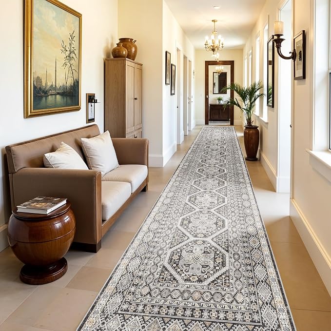 3x20 Runner Rug Kitchen Washable:Oriental Indoor Hallway Runners with Non Slip Backing Floor Mat for Entryway Door Low Pile Thin Carpet for Bedroom Bathroom Living Room Bedside (Black, 3x20)