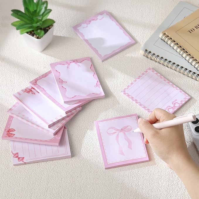 Coquettte Pink Bow Sticky Notes - 9 PCS Pink Post It Notes Coquettte School Supplies Aesthetic Self Stick Note to Do List Memo Pads Office Stationery for Women Girls Girly 3x3 Inches