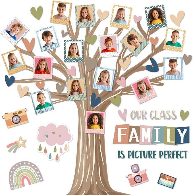 Back to School Bulletin Board Our Class Family is Picture Perfect Bulletin Board Set Colorful Picture Frame Classroom Decoration Boho Tree DIY Photo Crafts Cutouts for Schools Offices Teacher Supplies