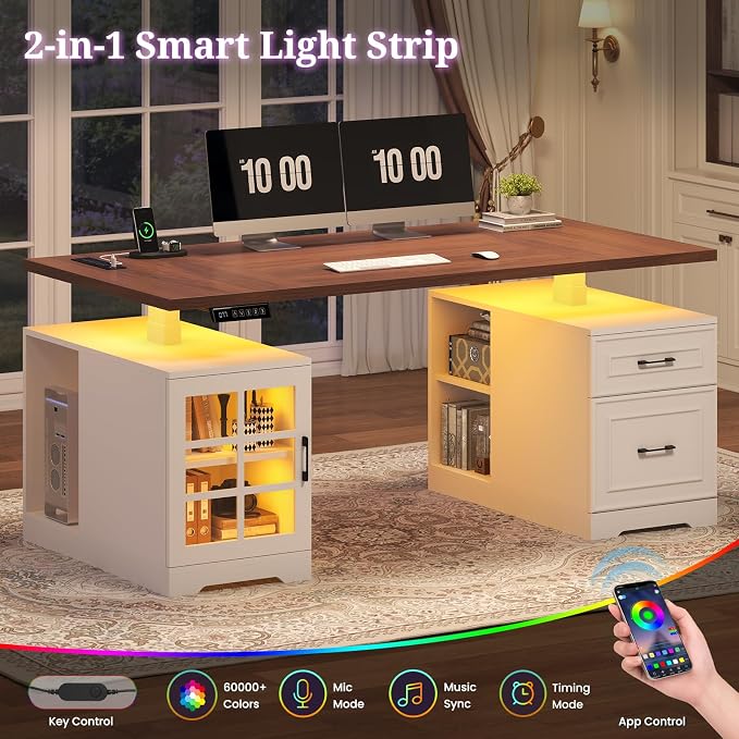 UPOSOJA 63 in Executive Standing Desk, Electric Height Adjustable Desk with Storage Drawers, Glass Cabinet, Shelves, Power Outlet, LED Light, Wood Sit Stand up Computer Desks for Home Office (White)