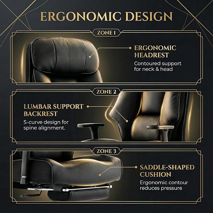 Big and Tall Office Chair 400lbs, Premium PU Leather Executive Chair with Extra Wide Saddle Seat for Cross Legged, 3D Armrests, Footrest, Heavy Duty Ergonomic Reclining Desk Chair (Black)