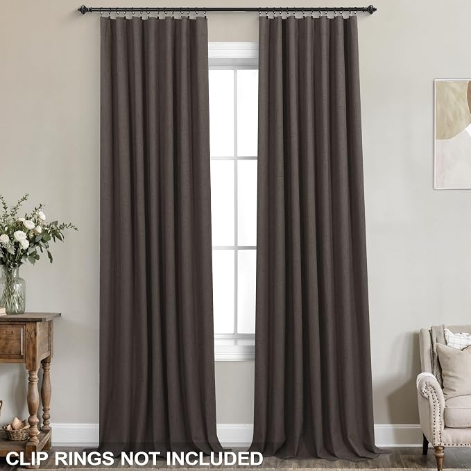 KOUFALL Brown Curtains 96 Inches Long 2 Panels Set Black Out Linen Blackout Back Tab Drapes for Living Room Bedroom