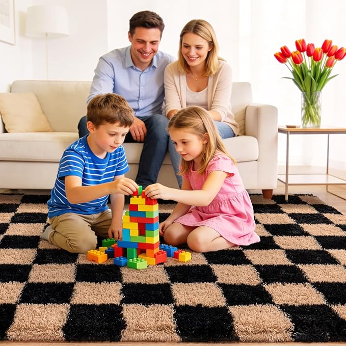 Area Rugs for Living Room Bedroom 8x10, Ultra Fluffy Shag Checkered Rug Modern Washable Carpet Soft Shaggy Non Slip Indoor Plush Fuzzy Rugs for Bedroom Dorm Office Home Aesthetic Decor, Black & Beige