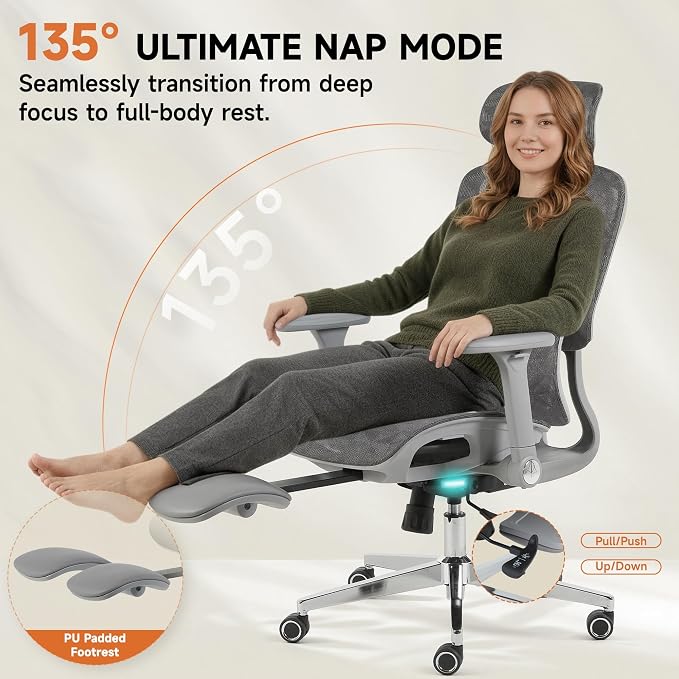 Korser Ergonomic Mesh Office Chair with Footrest, Big and Tall Desk Chair with 4D Flip-Up Arms, Auto-Tracking Lumbar Support, 3D Headrest, High Back Computer Gaming Chair for Home Office, Grey