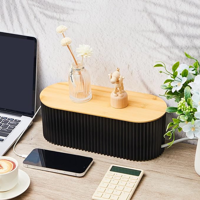 2 Pcs Cable Management Box, Fits Most Power Sockets, 11.8x5.1x4.3 in | Hides Cords & Power Sockets, Bamboo Lid, Beige & Black Options, Includes 48 Accessories, Home Office Desk or Floor Use