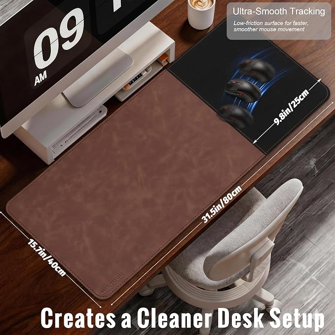 HAUTOCO Cork Desk Mat 31.5"x15.7", Distressed PU Leather & Cloth Desk Pad | Waterproof, Non-Slip, Stitched Edges, Brown Large Gaming Mouse Pad, Laptop Blotter & Desk Protector for Office and Home