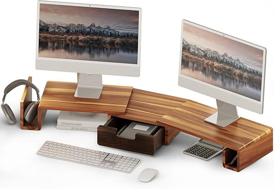 Wooden Dual Monitor Stand Riser with Drawer, 40.4'' Ergonomic Monitor Stand for Desk with Adjustable Length and Swivel Angle, Wooden Desktop Organizer for Laptop, PC, Computer,Printer (Acacia)