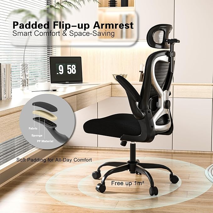 Home Office Desk Chairs, Ergonomic Office Chair with Lumbar Support & 3D Headrest, Computer Desk Chair with Flip-up Armrests, Perfect for Office or Study, Black/Silver