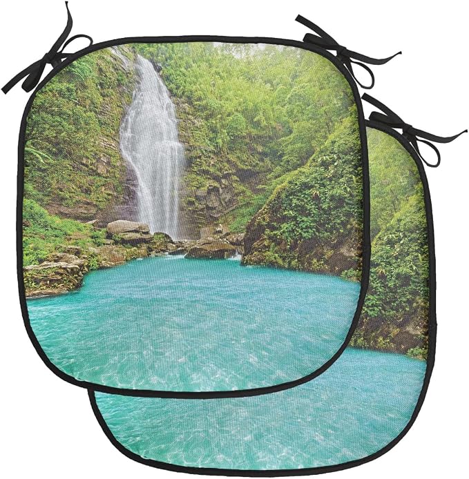Lunarable Waterfall Chair Cushion Pads Set of 2, Falling Water from Green Mountains Clear Pool and Tropical Plants, Anti-Slip Seat Padding for Kitchen & Patio, 16"x16", Turquoise Green White