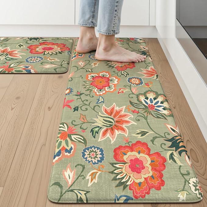 LEEVAN Anti Fatigue Kitchen Mats for Floor, Cushioned Kitchen Mat Set 2PCS | 17.3"x29"+17.3"x47", Boho Floral Green Kitchen Rugs Non-Slip, Waterproof Ergonomic Standing Mats for Laundry, Office, Sink