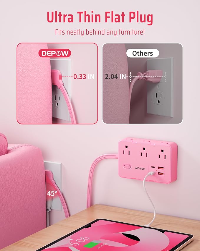 DEPOW Pink Power Strip, 5FT Extension Cord with 6 AC Outlets（1625W/13A 4 USB Ports (2 USB C), 1050J Surge Protector, Flat Plug Wall Mountable Charging Station for Dorm Room Desk Bedroom Kawaii Decor