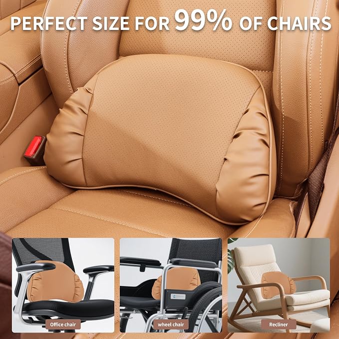 Memory Foam Lumbar Support Pillow for Car, Palomino Brown, 1 Pack | Leather Lumbar Pillow for Lower Back Pain Relief - Back Cushion for Driving - Chair Support for Office Chair, Gaming Chair