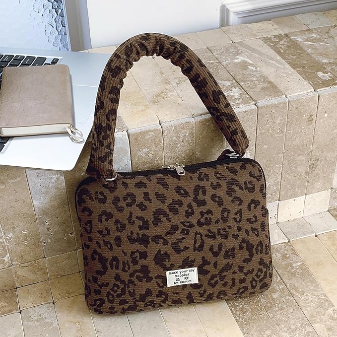 Leopard Print Laptop Case 11, 13,15 Inch Quilted Laptop Sleeve Soft Protective Cheetah Computer Sleeve for MacBook (Coffee, with Strap, 11 Inch)