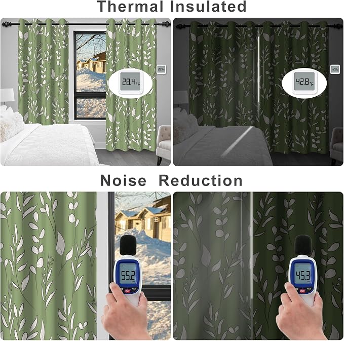 Blackout Curtains for Bedroom Living Room Grommet Thermal Insulated Room Darkening Drapes, Green and White Leaves Print Blackout Curtains 84 Inch Length 2 Panels Set Soundproof Maintain Privacy