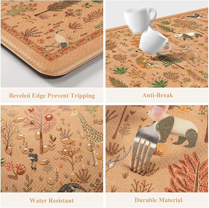 KIMODE Kitchen Floor Mats for Floor Cushioned Anti Fatigue,Rugs Sets of 2 | 17.3"x47"+ 17.3"x29",Orange Light Brown,Animal Forest Kitchen Rug,Padded Memory Foam Under Kitchen Sink Mat for Laundry Decor