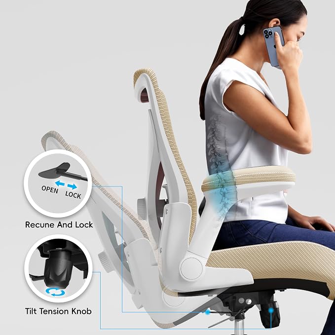 Ergalithic Office Home Ergonomic Desk Chair-Computer X-Shaped Chair Mesh PU Leather with Adjustable Lumbar Support-Executive Chair High Back Flip-Up Arms for Long Hours (Khaki-No Headrest)