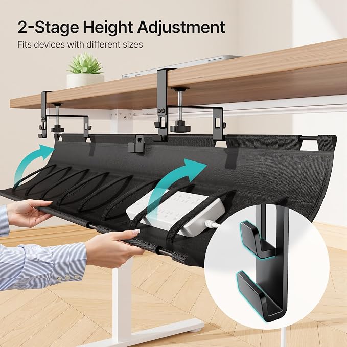 No Drill Under Desk Cable Management Tray, 47.2" Fabric Organizer | Clamp/Screw Premium Mount Cord Holder, for Power Strips, Adapters, with 2 Hooks & 1 Tie Roll for Home Office Gaming, Black