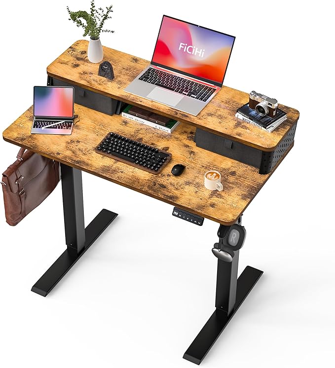 FiCiHi 40x24 Inch Electric Standing Desk, 2 Drawers, Adjustable Height Desk | Small Sit Stand Computer Desks, C-Clamp Compatible Home Office Desk with Monitor Stand, Cable Management, 3 Preset Heights