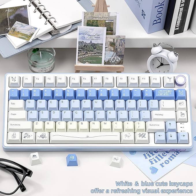 White & Blue PBT Keycaps, Cherry Profile Dye-Sublimation Keycap 130 Keys for 60%/65%/75%/100% Cherry MX Switches Mechanical Keyboard