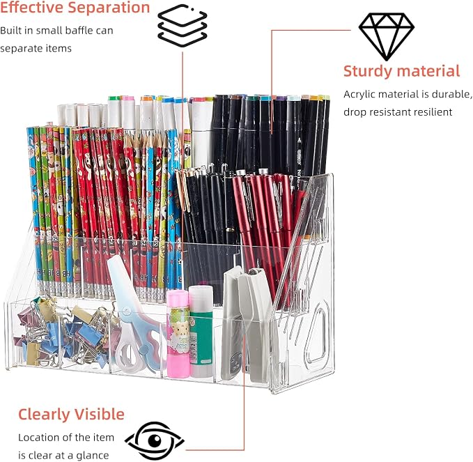 Acrylic Pen Pencil Holder for Desk With 15 Compartment Desk Organizers and Accessories,Durable Material Can Hold Pen Brush Cosmetic Scissor Clip Tape staplers Fit Home Office School(3 Tier)