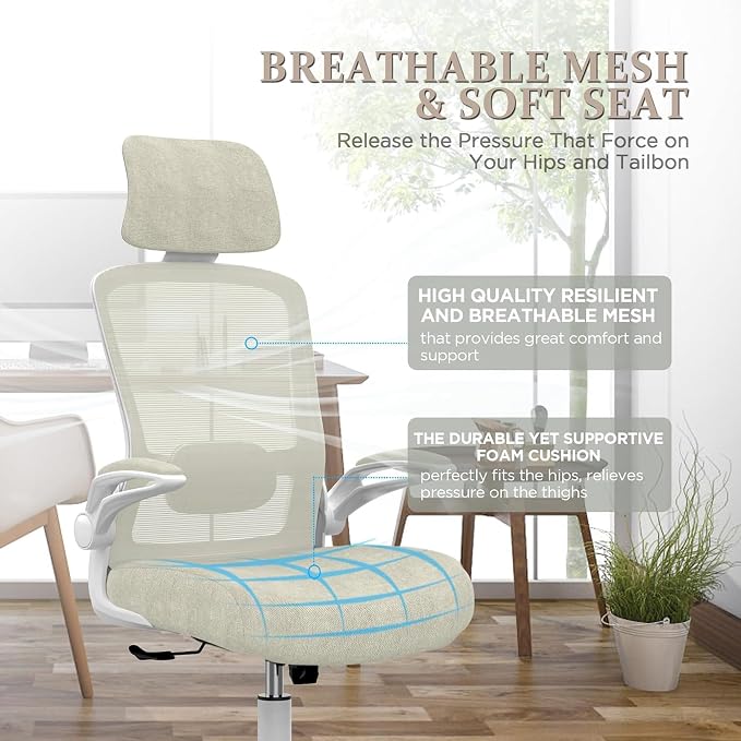 Mimoglad Office Chair, High Back Ergonomic Desk Chair with Adjustable Lumbar Support and Headrest, Swivel Task Chair with flip-up Armrests for Guitar Playing, 5 Years Warranty