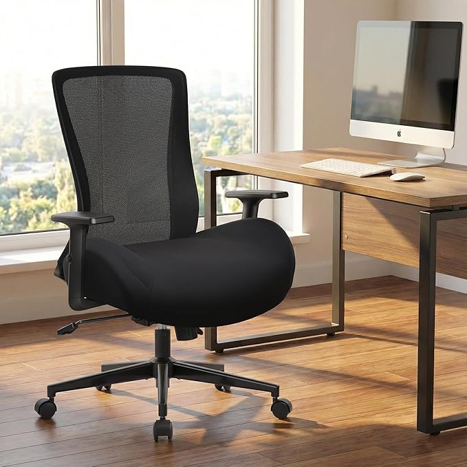 Big and Tall Home Office Desk Chair 400lb Capacity for Heavy People, Ergonomic Wide Mesh Desk Chair with Stepless Recline & Lock, 5.5" Thick Cushion, High Back, Adjustable Height & Armrests