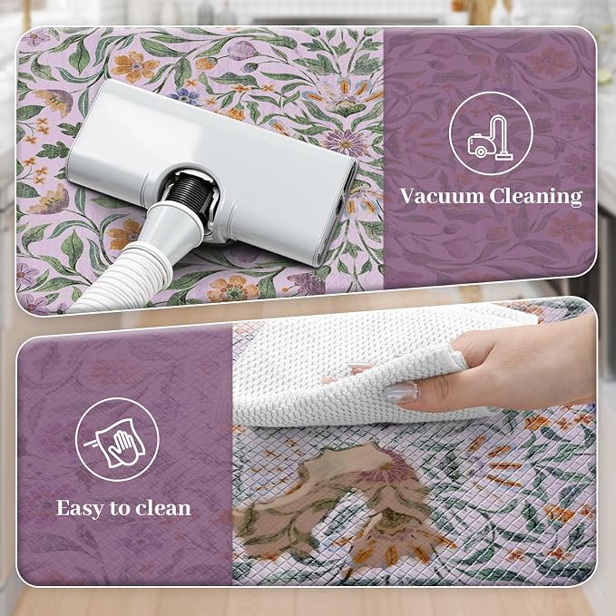 KIMODE Anti Fatigue Kitchen Mats 20"x47"+20"x32", Boho Flora Kitchen Rugs Sets of 2, Cushioned Non Skid Kitchen Mats for Floor, Comfort Kitchen Floor Mats for Sink Laundry Desk Purple