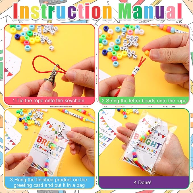 Suncalla 984 Pcs 24 Set Back to School DIY Bead Keychain Making Kit Key Chain Crafts Adjustable Letter Beads Cards Strings Kit Welcome First Day Gift Jewelry Making Supplies Party Favors