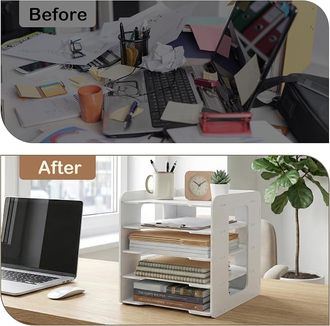 Desk Organizer, 5-Tier File Organizer for Desk, Letter Tray Paper, Desktop Document Sorter for Letter, File Folder Holder with Pen Holder for Office, Home or School- White MLT001W5