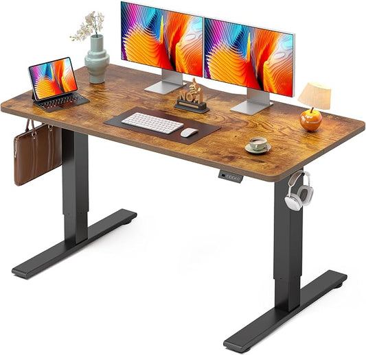 CubiCubi Electric Standing Desk 55 x 24 Inch, Height Adjustable Sit Stand Desk with Memory Presets, Splice Desktop Computer Desk for Home Office, Black Frame/Vintage Brown Top