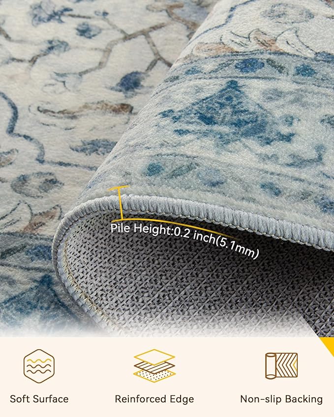 RELEANY Area Rugs 5'x7' Washable Non-Slip, Floral Vintage Distress Medallion Carpet for Living Room Bedroom Dining Room, Light Blue Navy Gray White