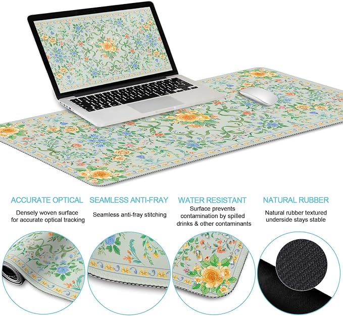 LIMKRIAN Green Floral Desk Mat Set with Bow, Large Computer Mat for Keyboard and Mouse, Ergonomic Wrist Rest Support Set, Cup Coaster, Stitched Edges, Girly Home Office Desk Accessories, Gift for Her