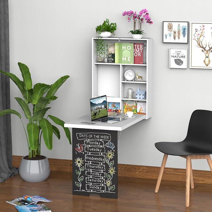 Wall Floating Desk with Storage, Foldable Hidden Desk with A Blackboard, Hideaway Fold Out Desk, Pull Out Murphy Table, Wooden Writing Table for Home Office Bedroom Small Spaces Apartment (White,)